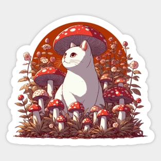 Funny Vintage White Cat in Mushroom Garden Sticker